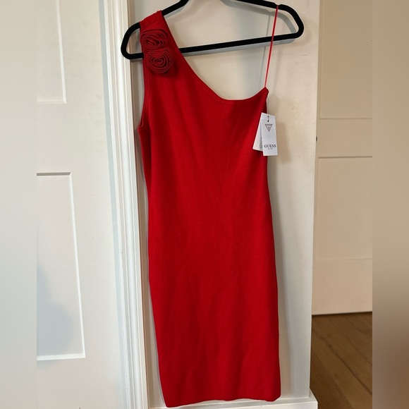 Guess Women’s One Shoulder Red ribbed dress with rosette - Picture 2 of 7